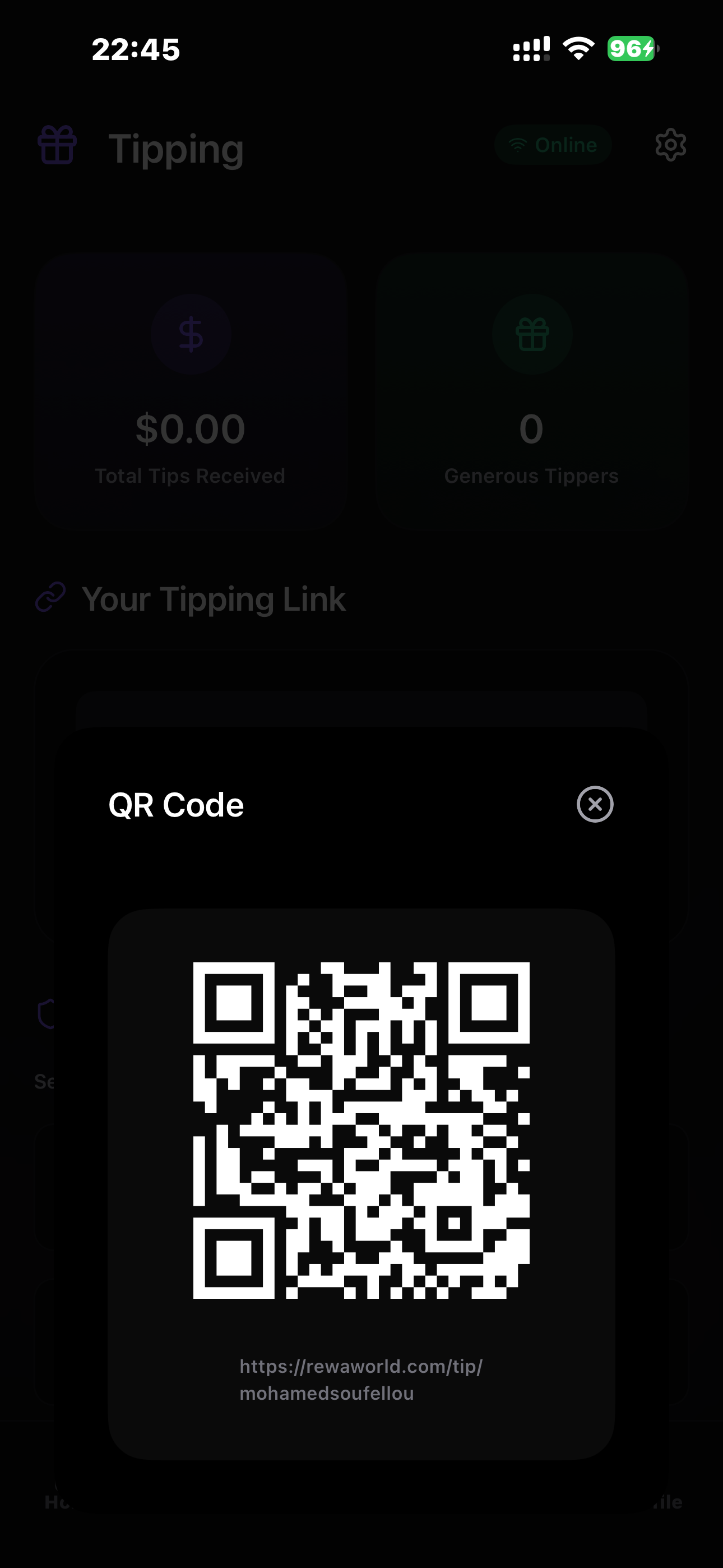 QR Code for receiving tips in Rewa app