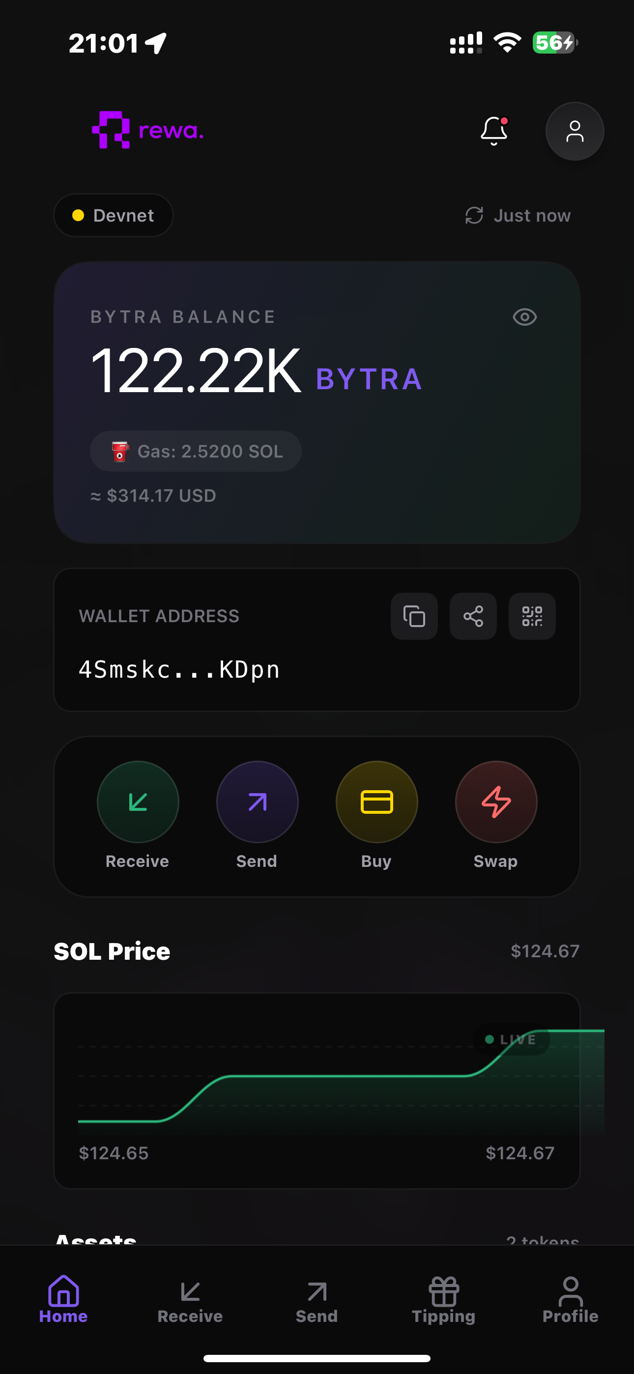Rewa digital wallet app showing BYTRA balance, tipping features, and Solana blockchain integration